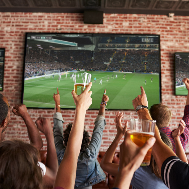 Pub crowd celebrating together during a live sporting event
